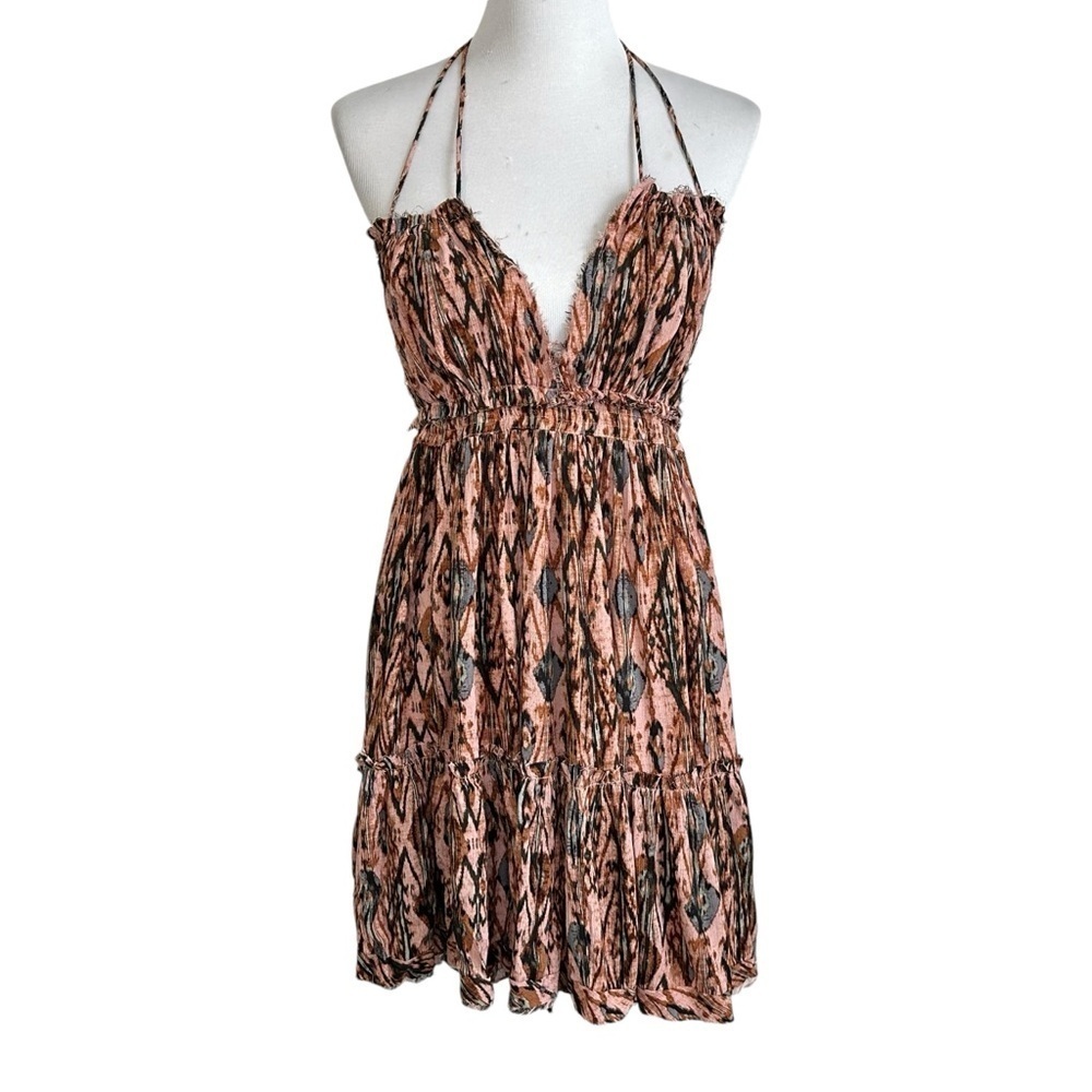 Olivaceous Womens Backless Halter Printed Mini Dress Sz Small Raw Trim Strappy